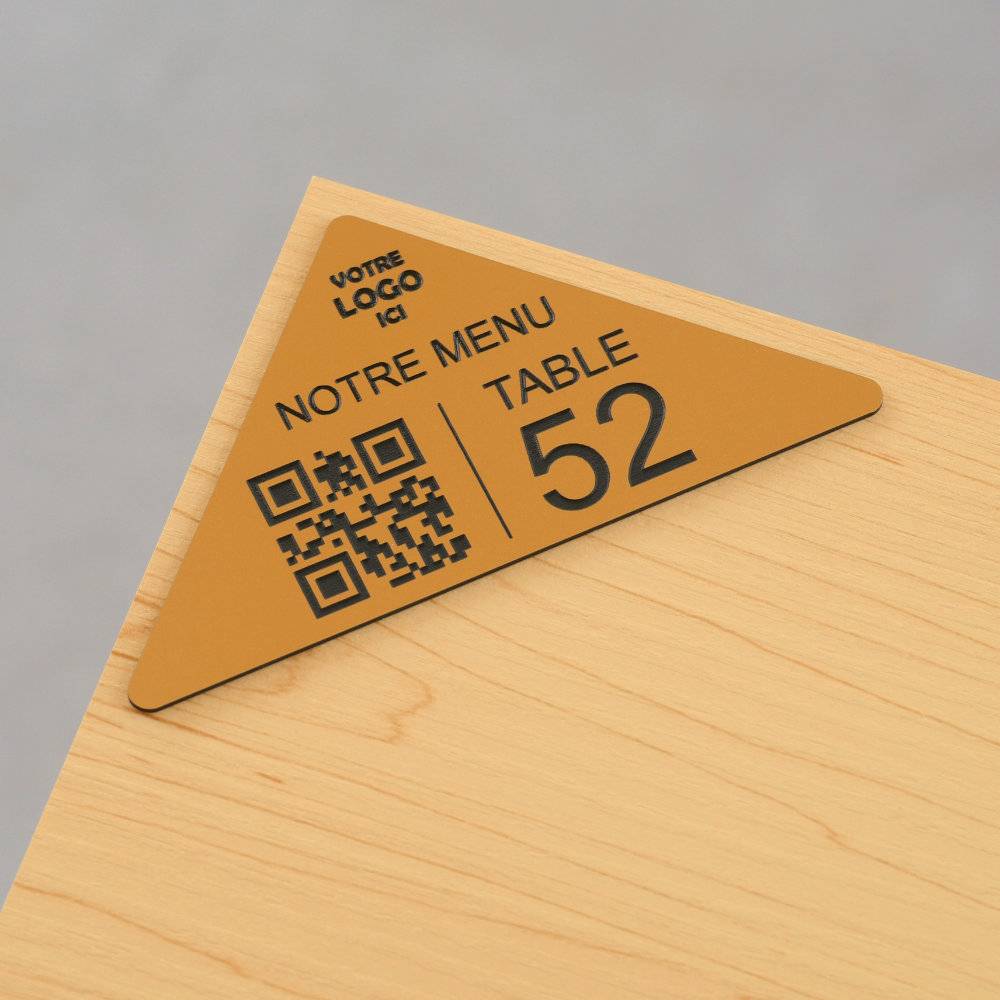 Plaque Qr code d'angle en triangle avec logo et numéro de table bronze