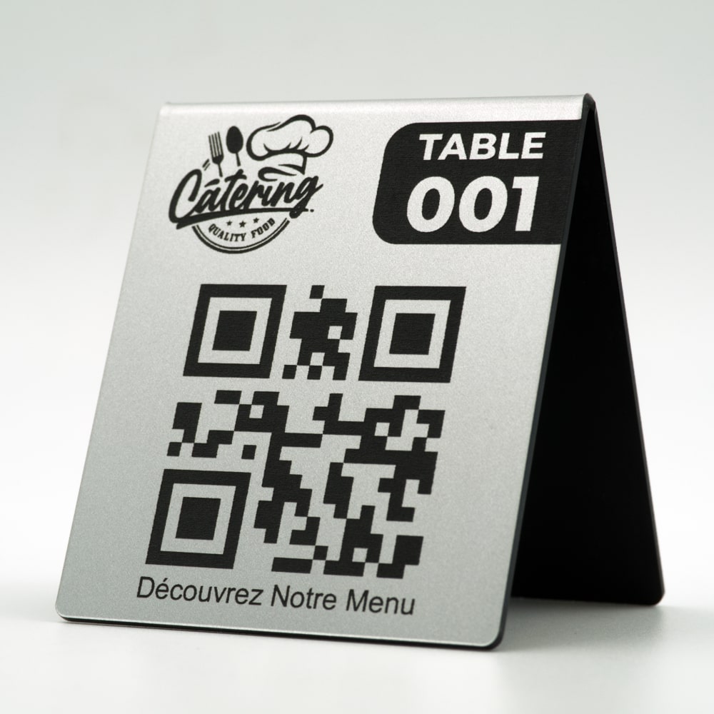 Chevalet QR code menu restaurant avec logo et numéro de table en argent