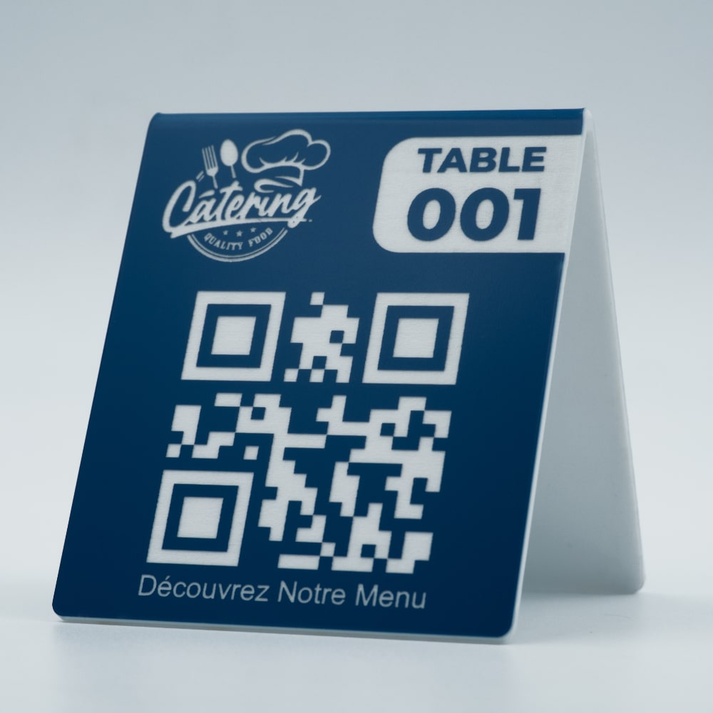 Chevalet QR code menu restaurant avec logo et numéro de table en bleu
